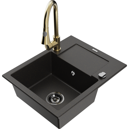 Mexen Enzo granite kitchen sink with 1 bowl, drainer, and Elia kitchen faucet, black/gold metallic - 6506-75-670101-50-B
