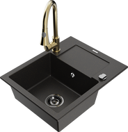 Mexen Enzo lavello in granito a 1 vasca con scolapiatti e rubinetto da cucina Elia, nero/oro metallizzato - 6506-75-670101-50-B