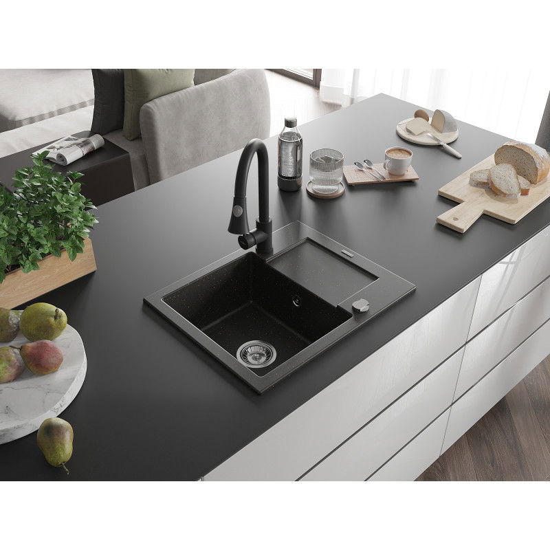 Mexen Enzo 1-Bowl Granite Sink with Drainer and Elia Kitchen Tap, Black/Gold Metallic - 6506-75-670101-70
