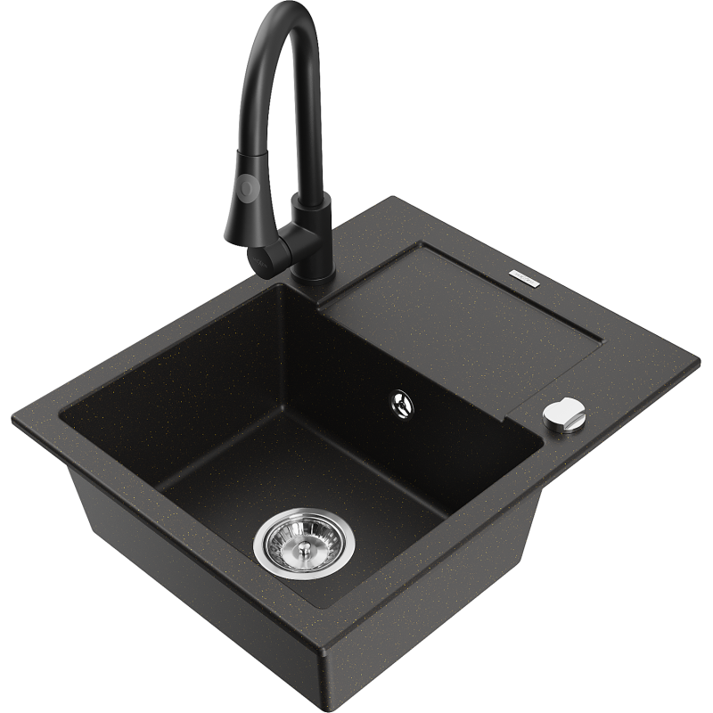 Mexen Enzo fregadero de granito de 1 cubeta con escurridor y grifo de cocina Elia, negro/metalizado dorado - 6506-75-670101-70