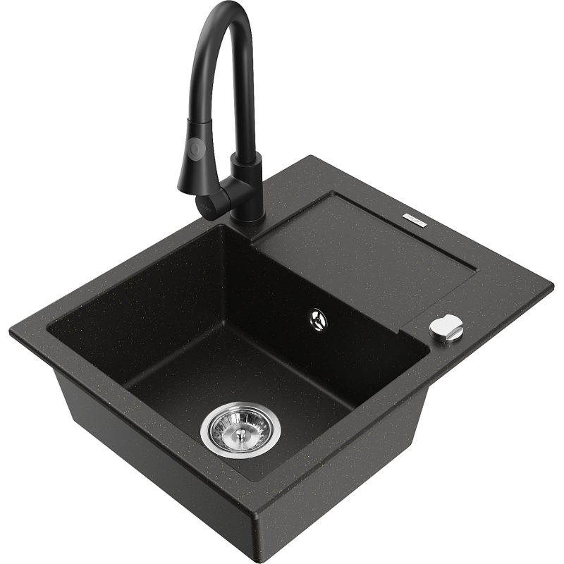 Mexen Enzo lavello in granito a 1 vasca con gocciolatoio e rubinetto da cucina Elia, nero/oro metallizzato - 6506-75-670101-70