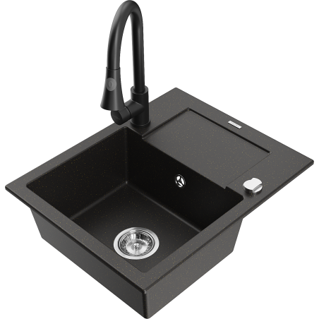 Mexen Enzo 1-Bowl Granite Sink with Drainer and Elia Kitchen Tap, Black/Gold Metallic - 6506-75-670101-70