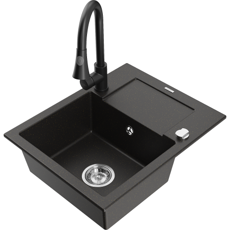 Mexen Enzo lavello in granito a 1 vasca con gocciolatoio e rubinetto da cucina Elia, nero/oro metallizzato - 6506-75-670101-70