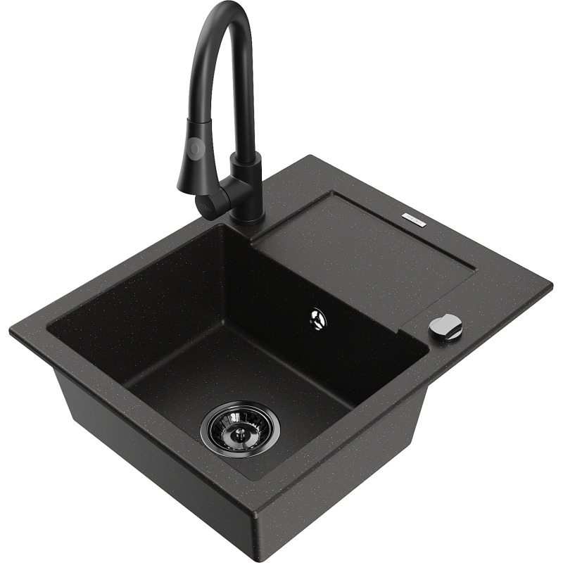 Mexen Enzo fregadero de granito de 1 seno con escurridor y grifo de cocina Elia, negro/metálico dorado - 6506-75-670101-70-B