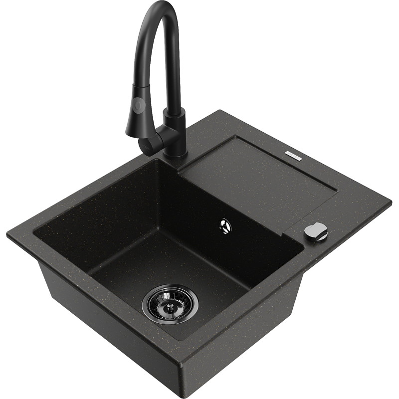 Mexen Enzo granit gootsteen 1-kompartement met afdruiprek en keukenmengkraan Elia, zwart/goud metallic - 6506-75-670101-70-B