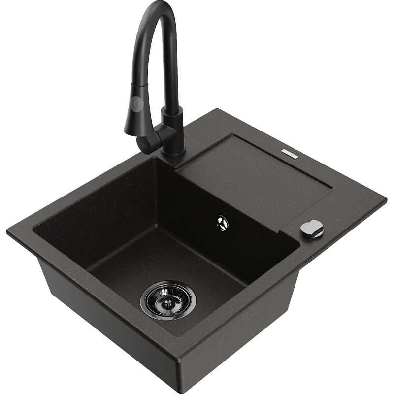 Mexen Enzo granitdiskho 1-kammare med avrinningsyta och köksblandare Elia, svart/guld metallic - 6506-75-670101-70-B