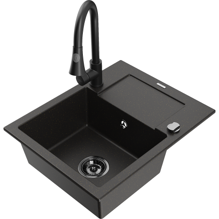 Mexen Enzo fregadero de granito de 1 seno con escurridor y grifo de cocina Elia, negro/metálico dorado - 6506-75-670101-70-B