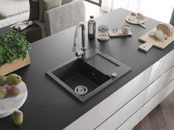 Mexen Enzo 1-bowl granite sink with drainer and kitchen faucet Elia, speckled black - 6506-76-670101-00