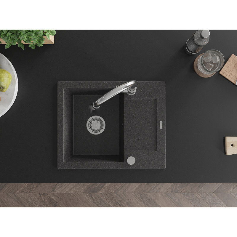 Mexen Enzo 1-bowl granite sink with drainer and Elia kitchen tap, black speckled - 6506-76-670101-00