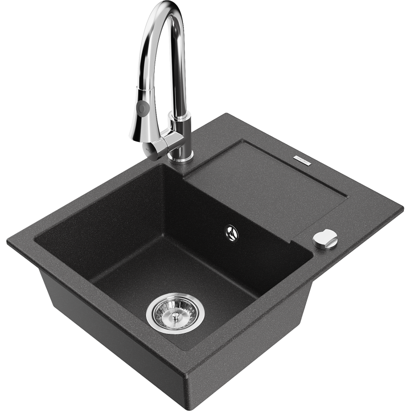 Mexen Enzo 1-bowl granite sink with drainer and Elia kitchen tap, black speckled - 6506-76-670101-00