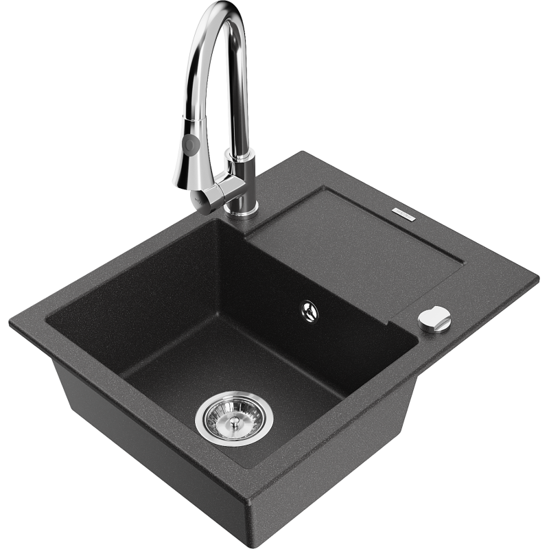 Mexen Enzo fregadero de granito de 1 seno con escurridor y grifo de cocina Elia, negro moteado - 6506-76-670101-00