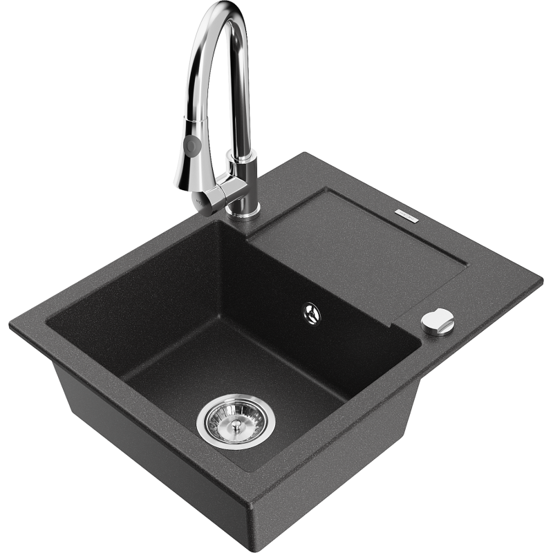 Mexen Enzo lavello in granito a 1 vasca con gocciolatoio e rubinetto da cucina Elia, nero punteggiato - 6506-76-670101-00