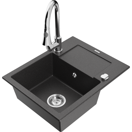 Mexen Enzo 1-bowl granite sink with drainer and Elia kitchen tap, black speckled - 6506-76-670101-00