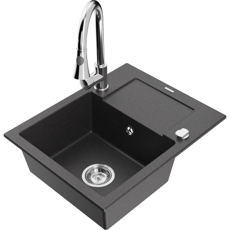 Mexen Enzo fregadero de granito de 1 seno con escurridor y grifo de cocina Elia, negro moteado - 6506-76-670101-00