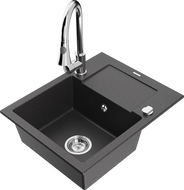 Mexen Enzo 1-bowl granite sink with drainer and Elia kitchen tap, black speckled - 6506-76-670101-00