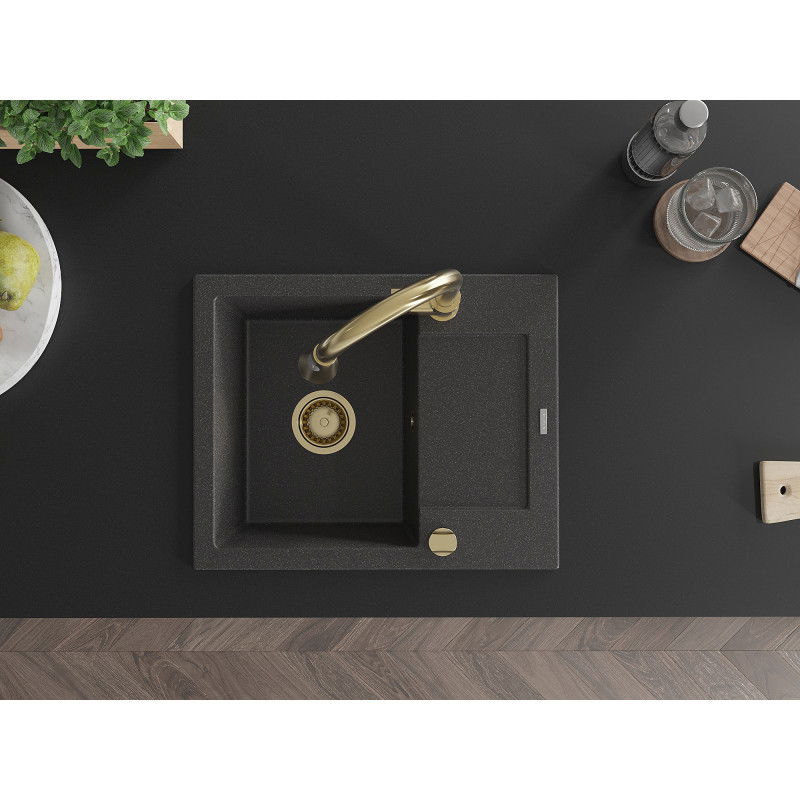 Mexen Enzo fregadero de granito de 1 seno con escurridor y grifo de cocina Elia, negro moteado - 6506-76-670101-50