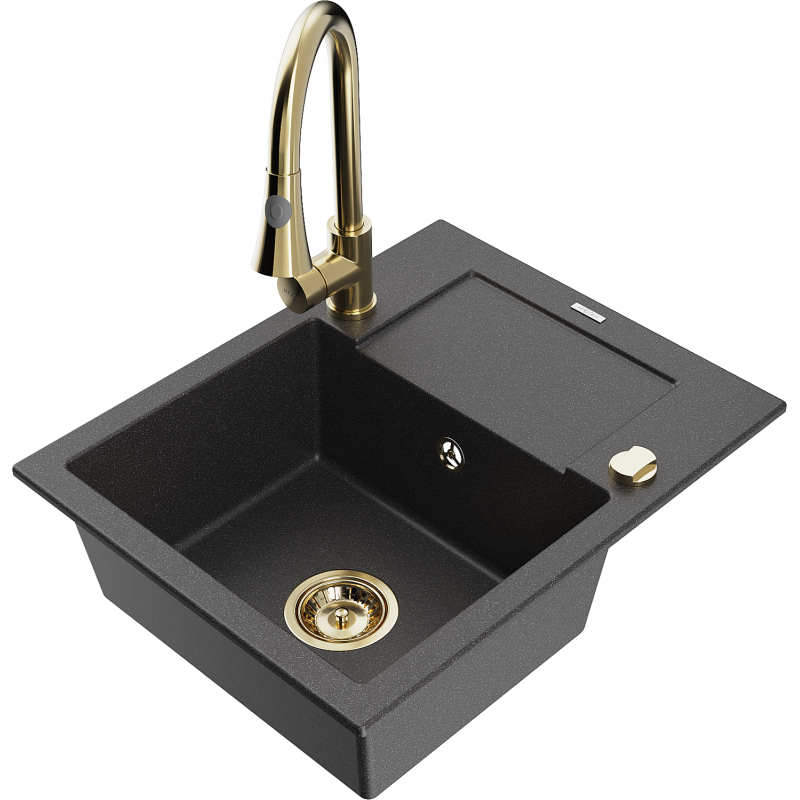Mexen Enzo fregadero de granito de 1 seno con escurridor y grifo de cocina Elia, negro moteado - 6506-76-670101-50