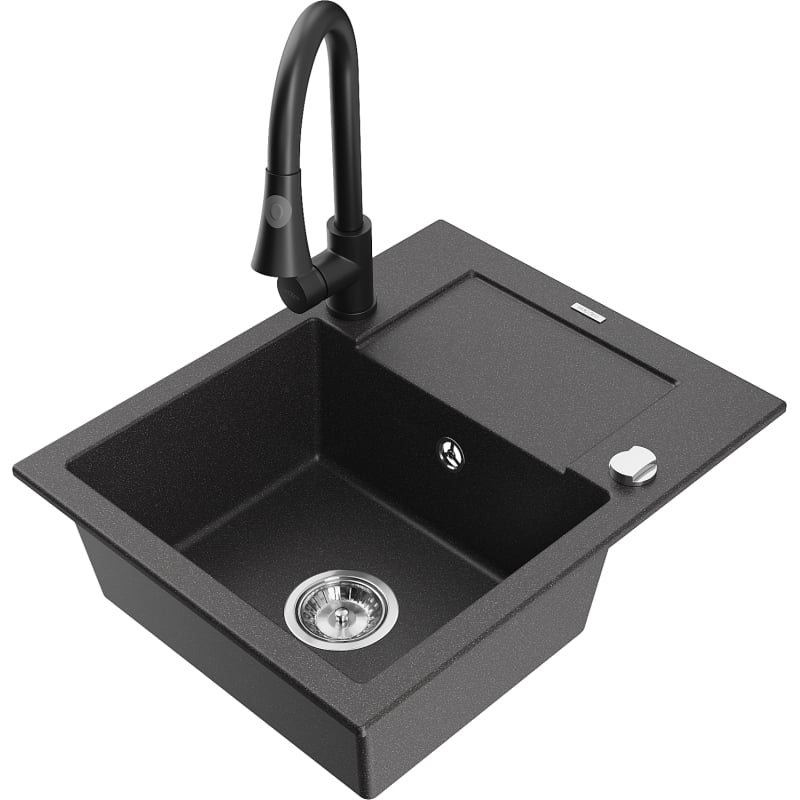 Mexen Enzo 1-bowl granite sink with drainer and Elia kitchen faucet, black speckled - 6506-76-670101-70