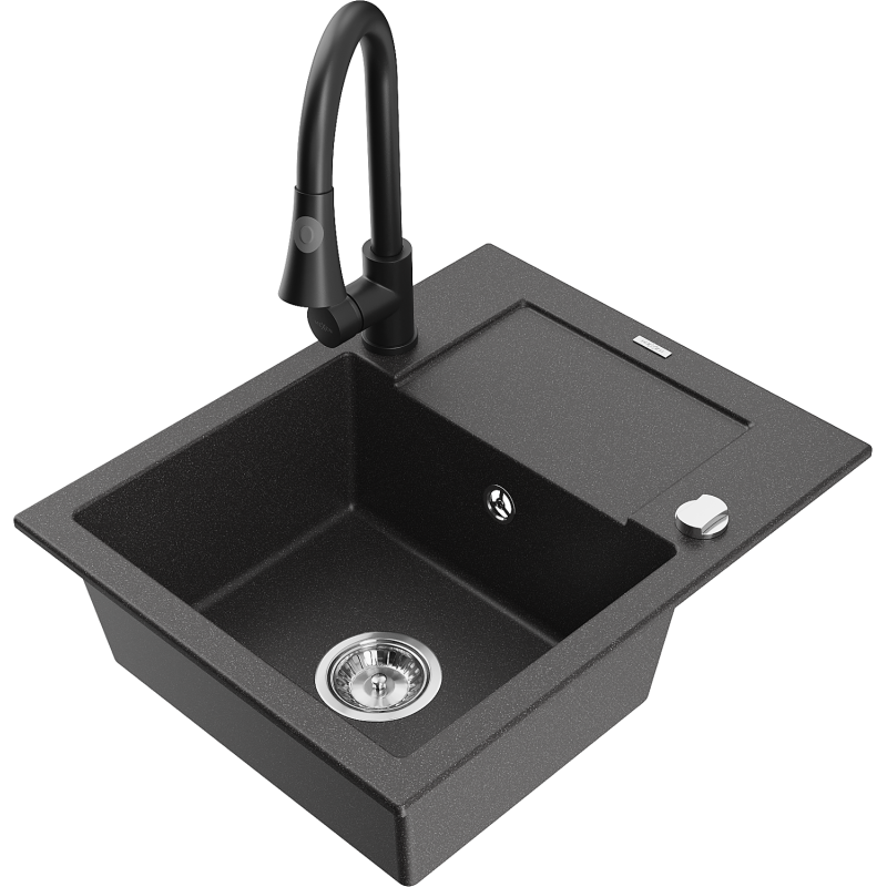 Mexen Enzo fregadero de granito de 1 cubeta con escurridor y grifo de cocina Elia, negro moteado - 6506-76-670101-70