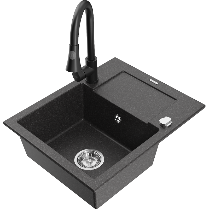 Mexen Enzo lava-louça de granito 1-bacia com escorredor e torneira de cozinha Elia, preto salpicado - 6506-76-670101-70
