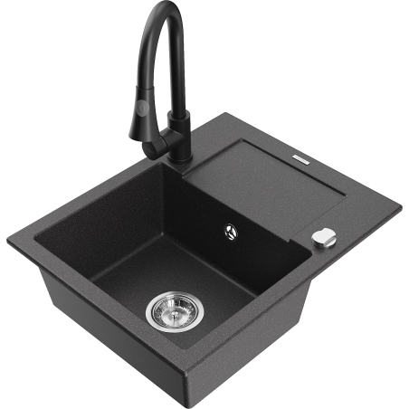 Mexen Enzo 1-bowl granite sink with drainer and Elia kitchen faucet, black speckled - 6506-76-670101-70