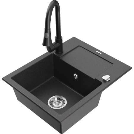 Mexen Enzo fregadero de granito de 1 seno con escurridor y grifo de cocina Elia, negro moteado - 6506-76-670101-70