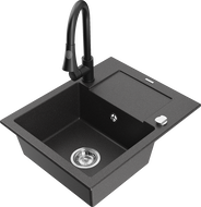 Mexen Enzo 1-bowl granite sink with drainer and Elia kitchen faucet, black speckled - 6506-76-670101-70