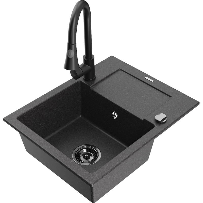 Mexen Enzo fregadero de granito de 1 seno con escurridor y grifo de cocina Elia, negro moteado - 6506-76-670101-70-B