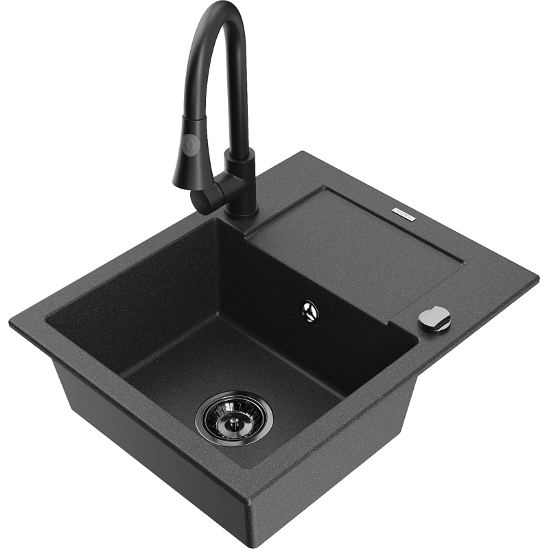 Mexen Enzo granite sink 1-bowl with drainer and Elia kitchen tap, black speckled - 6506-76-670101-70-B