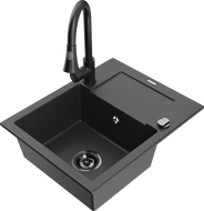 Mexen Enzo granite sink 1-bowl with drainer and Elia kitchen tap, black speckled - 6506-76-670101-70-B