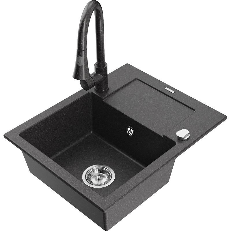 Mexen Enzo fregadero de granito de 1 cubeta con escurridor y grifo de cocina Elia, negro moteado - 6506-76-670101-76