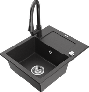 Mexen Enzo 1-bowl granite sink with drainer and Elia kitchen faucet, black speckled - 6506-76-670101-76