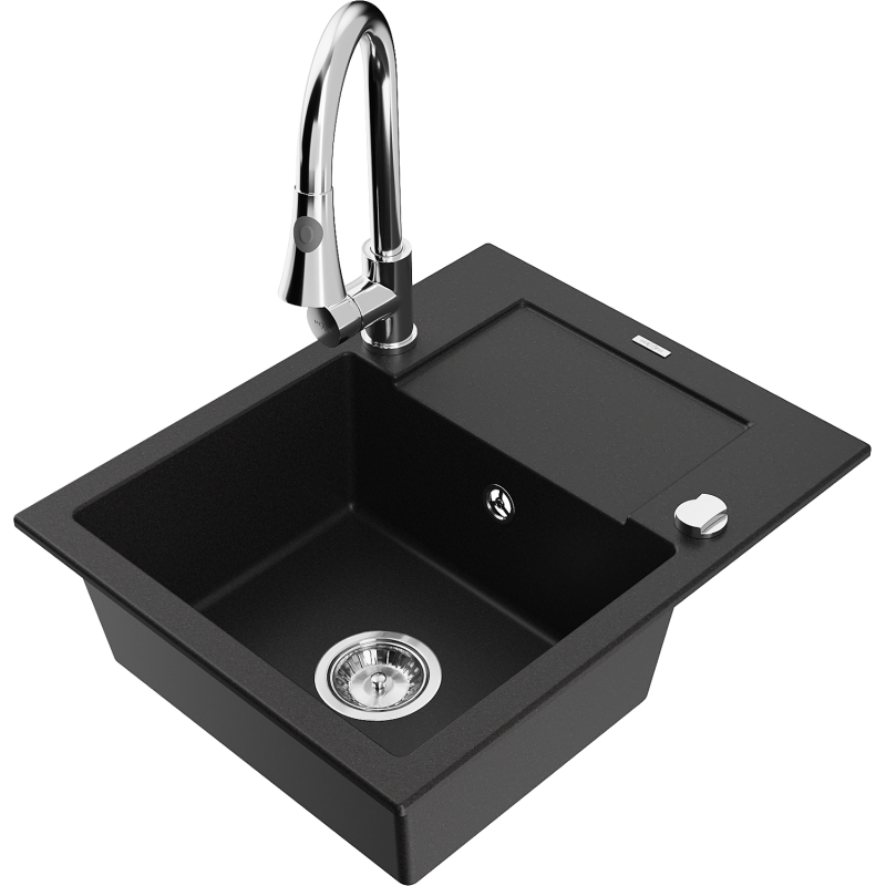 Mexen Enzo fregadero de granito 1-cuenco con escurridor y grifo de cocina Elia, negro - 6506-77-670101-00