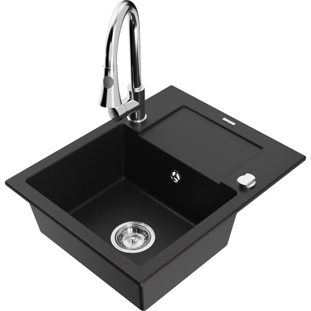 Mexen Enzo granite sink 1-bowl with drainer and Elia kitchen tap, black - 6506-77-670101-00