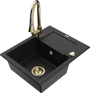 Mexen Enzo 1-bowl granite sink with drainer and Elia kitchen faucet, black - 6506-77-670101-50