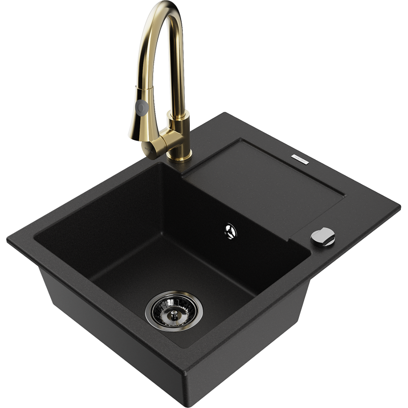 Mexen Enzo granitdiskbänk med 1 fack med avrinningsyta och köksblandare Elia, svart - 6506-77-670101-50-B