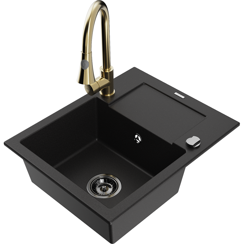 Mexen Enzo granite kitchen sink single-bowl with drainer and Elia kitchen tap, black - 6506-77-670101-50-B