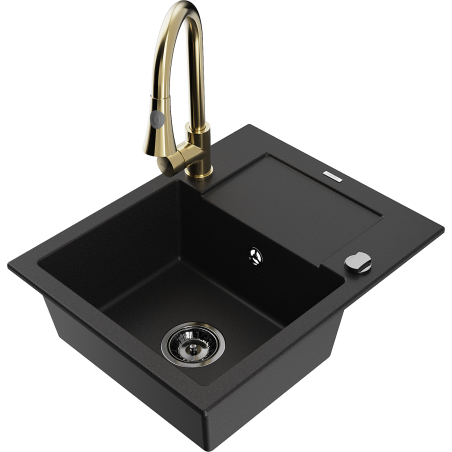 Mexen Enzo granite kitchen sink single-bowl with drainer and Elia kitchen tap, black - 6506-77-670101-50-B