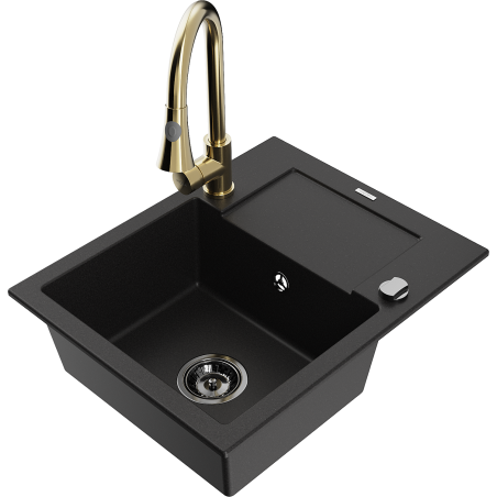 Mexen Enzo granite sink 1-bowl with drainer and Elia kitchen faucet, black - 6506-77-670101-50-B