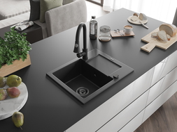 Mexen Enzo fregadero de granito de 1 cubeta con escurridor y grifo de cocina Elia, negro - 6506-77-670101-70-B