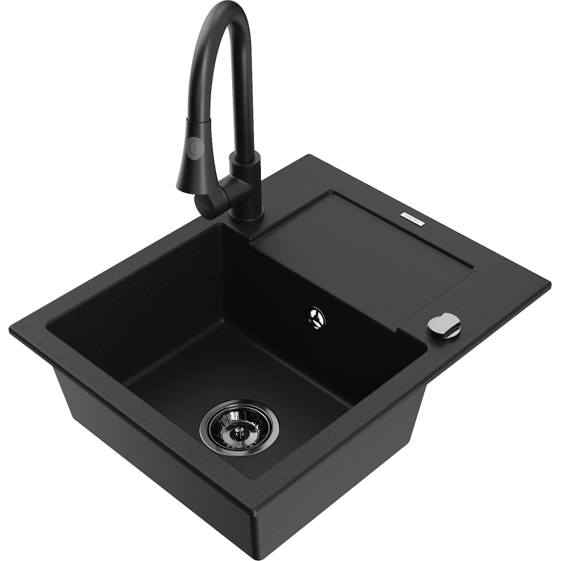 Mexen Enzo 1-bowl granite sink with drainer and Elia kitchen tap, black - 6506-77-670101-70-B