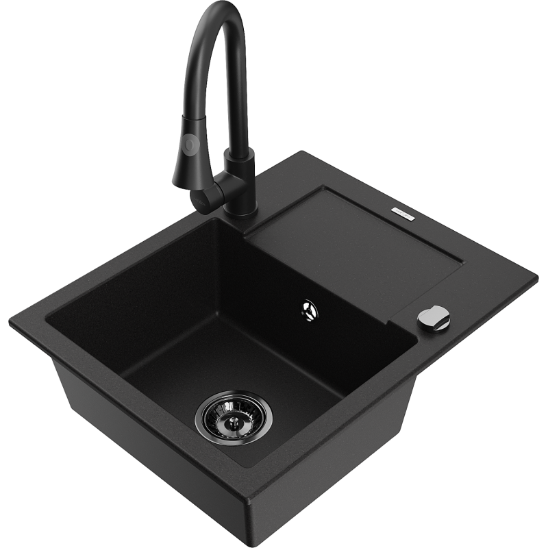 Mexen Enzo fregadero de granito de 1 cubeta con escurridor y grifo de cocina Elia, negro - 6506-77-670101-70-B