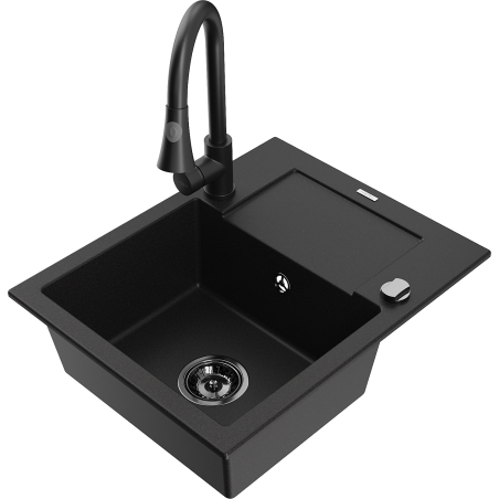 Mexen Enzo 1-bowl granite sink with drainer and Elia kitchen tap, black - 6506-77-670101-70-B