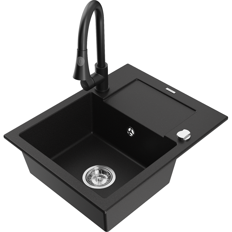 Mexen Enzo lavello in granito a 1 vasca con sgocciolatoio e miscelatore da cucina Elia, nero - 6506-77-670101-70