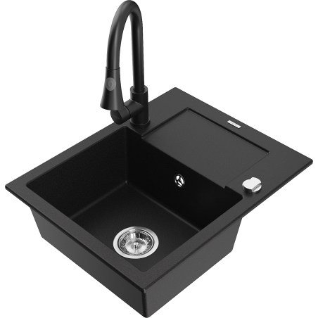 Mexen Enzo lava-louça de granito de 1 cuba com escorredor e torneira de cozinha Elia, preto - 6506-77-670101-70