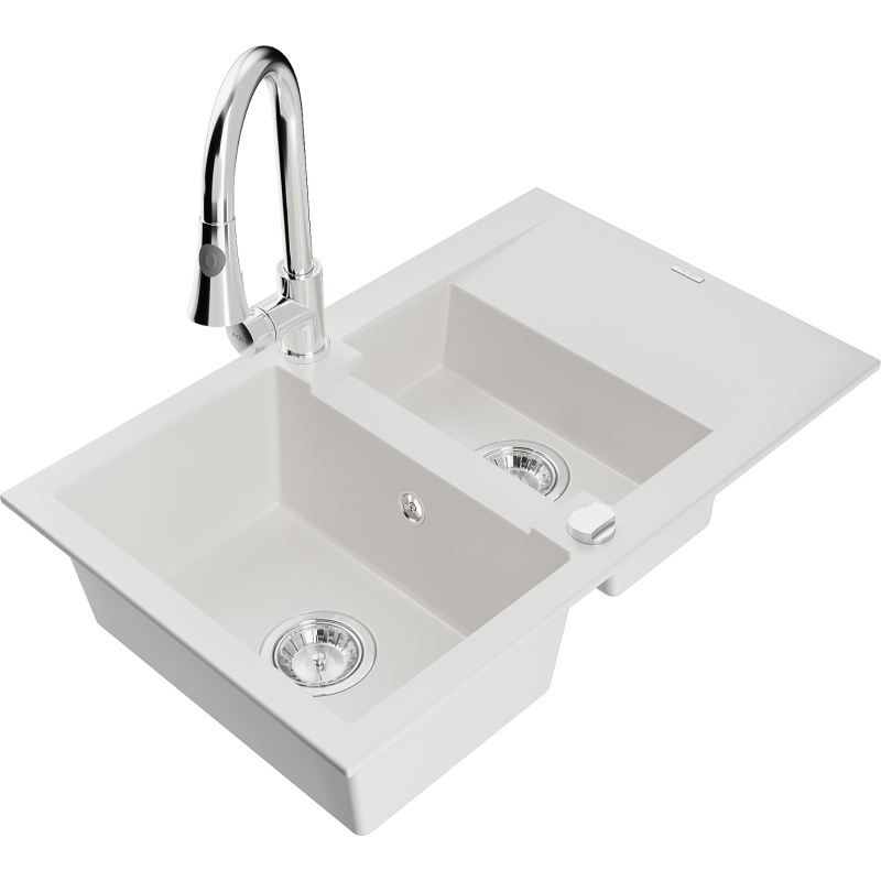 Mexen Gaspar lava-loiça em granito de 1,5 cubas com escorredor e torneira de cozinha Elia, branco - 6507-20-670101-00
