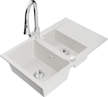 Mexen Gaspar granite sink 1.5-bowl with drainer and Elia kitchen faucet, white - 6507-20-670101-00