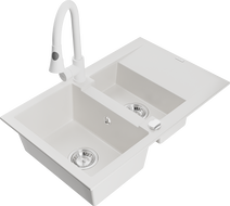 Mexen Gaspar granite sink 1.5-bowl with drainer and Elia kitchen tap, white - 6507-20-670101-20