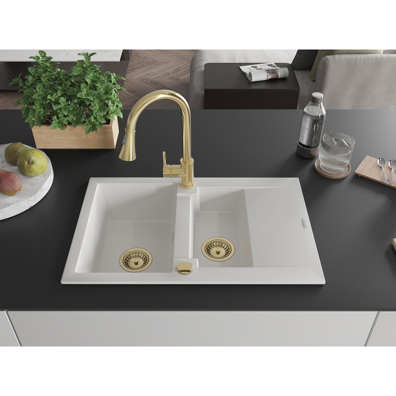 Mexen Gaspar fregadero de granito de 1,5 senos con escurridor y grifo de cocina Elia, blanco - 6507-20-670101-50