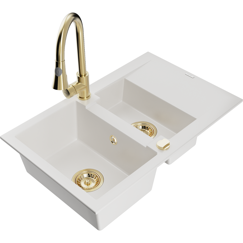Mexen Gaspar 1.5-bowl granite sink with drainer and Elia kitchen tap, white - 6507-20-670101-50
